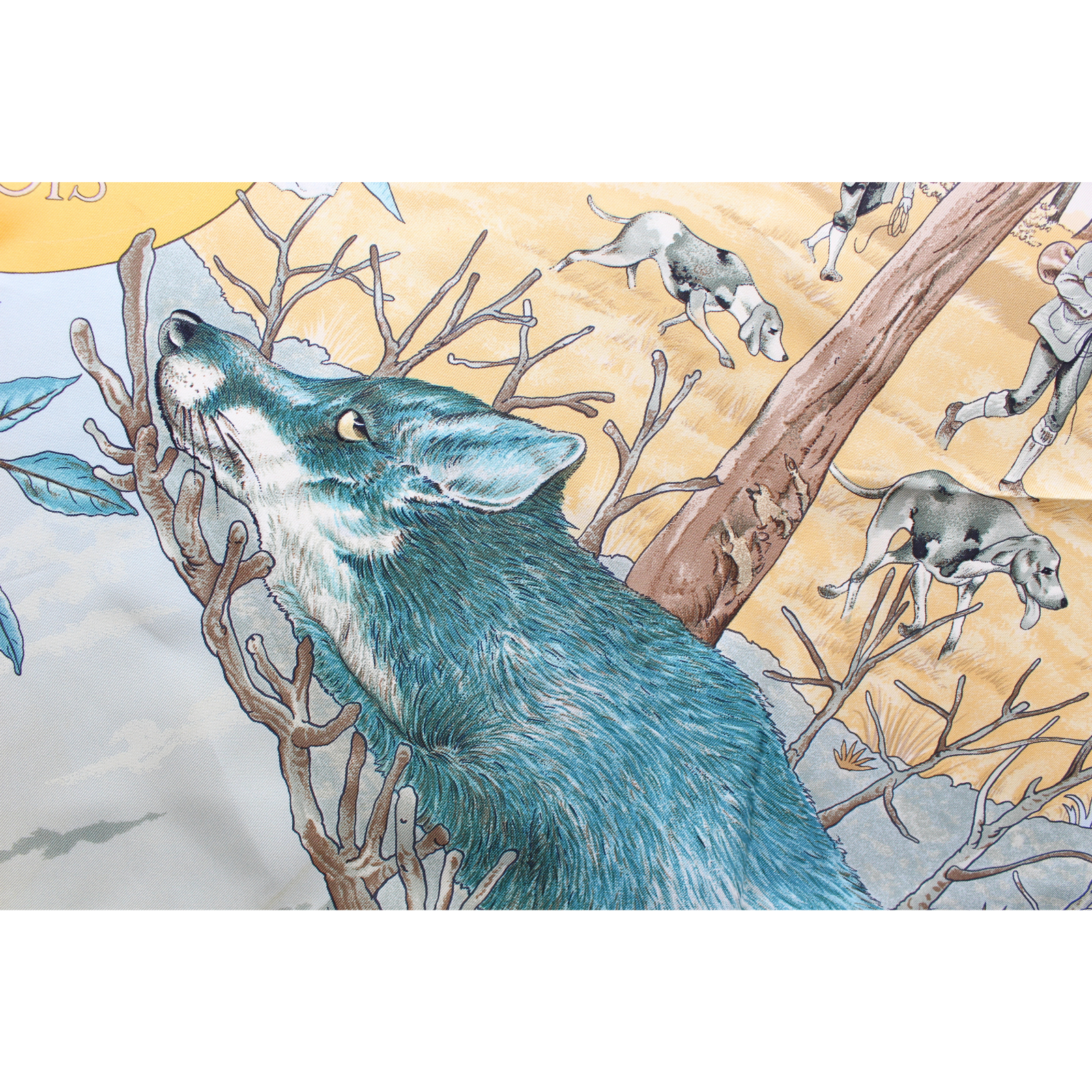 Carre 90 Chasse au Bois Silk Blue + Beige Scarf