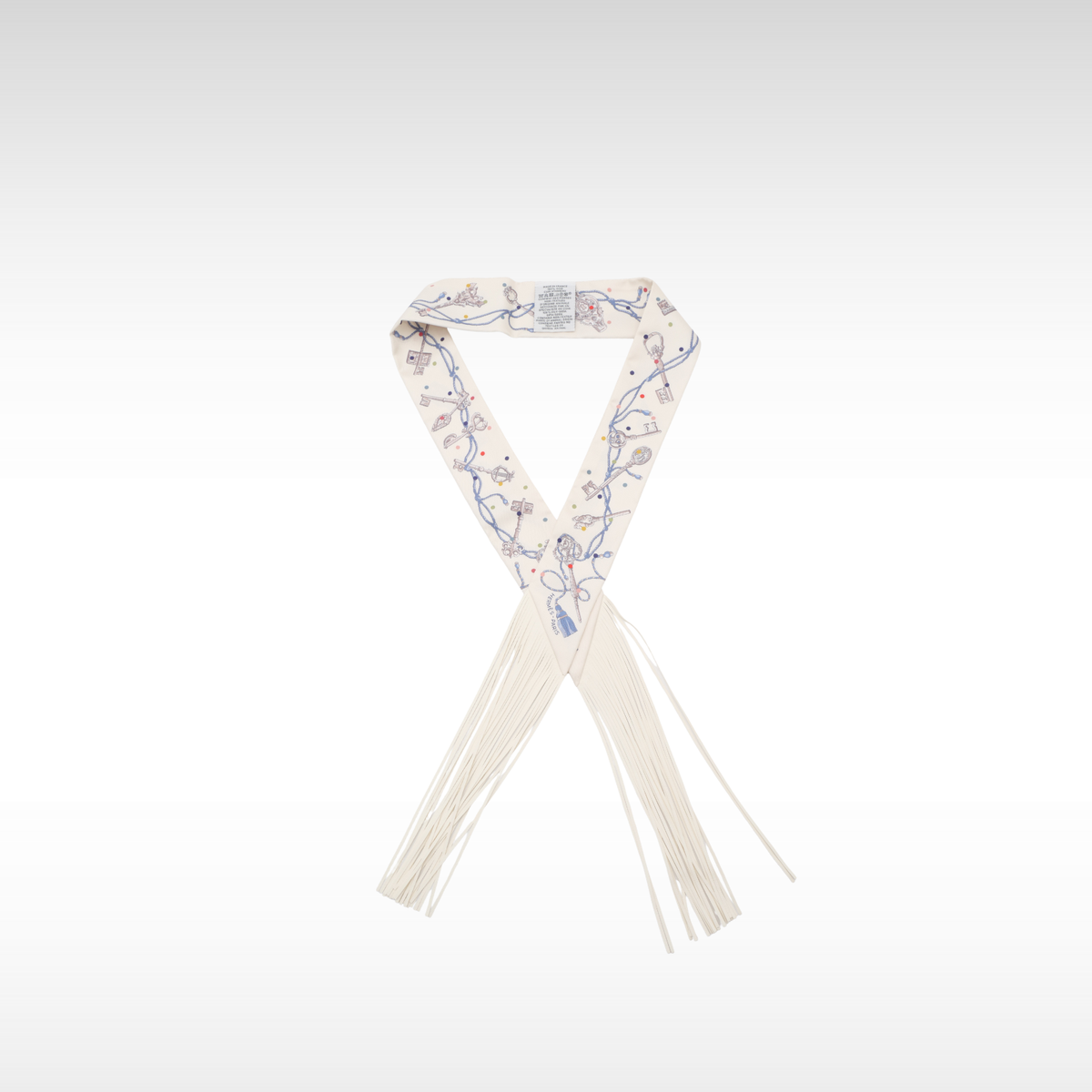 Fringe Twilly Les Cles a Pois Silk Ivory + Blue Scarf
