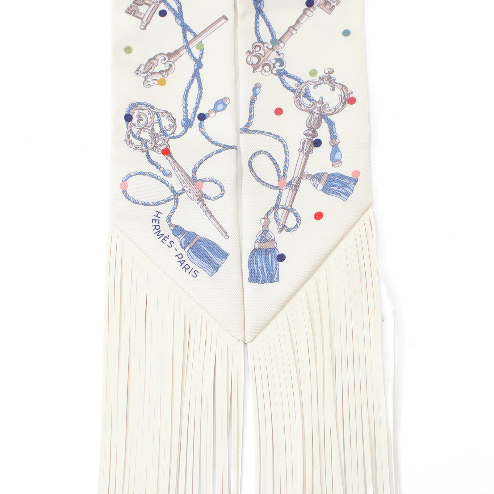 Fringe Twilly Les Cles a Pois Silk Ivory + Blue Scarf