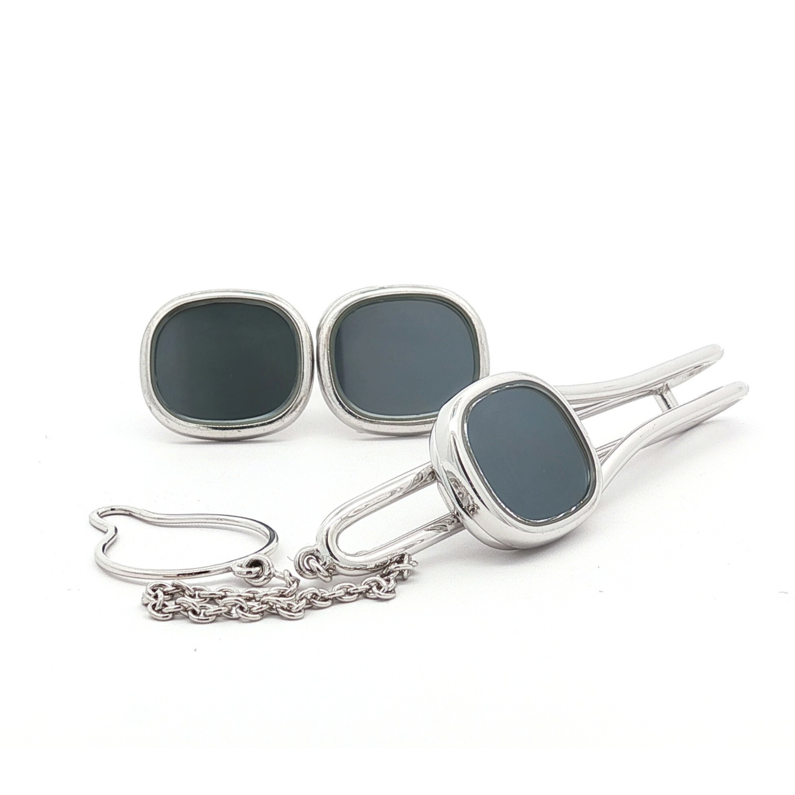 Ellipse Cufflinks & Tie Bar White Gold