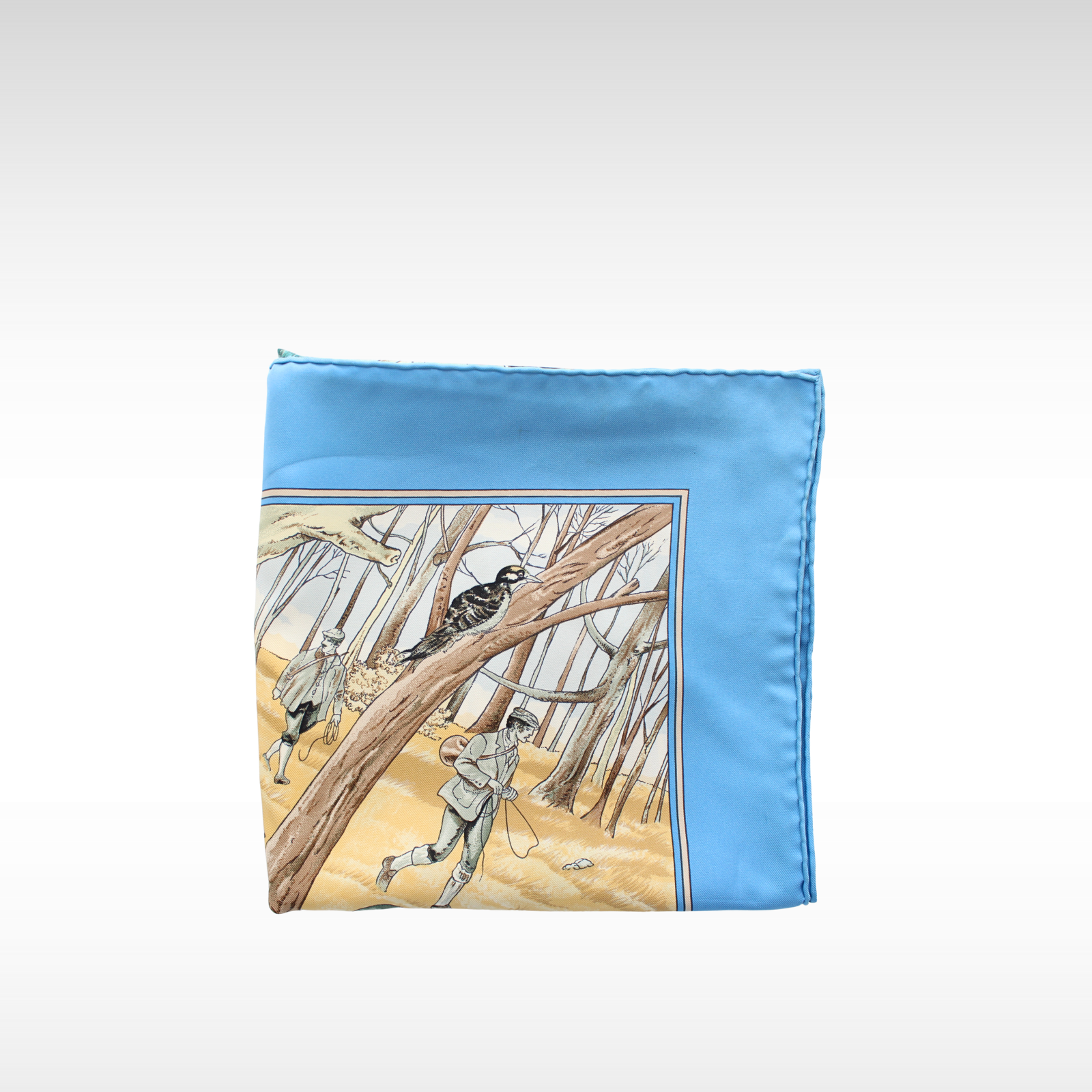 Carre 90 Chasse au Bois Silk Blue + Beige Scarf