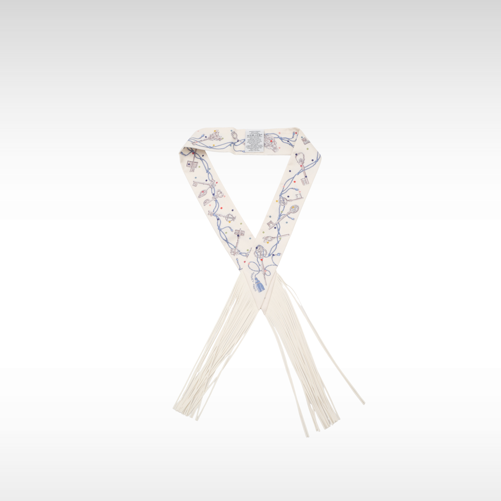 Fringe Twilly Les Cles a Pois Silk Ivory + Blue Scarf