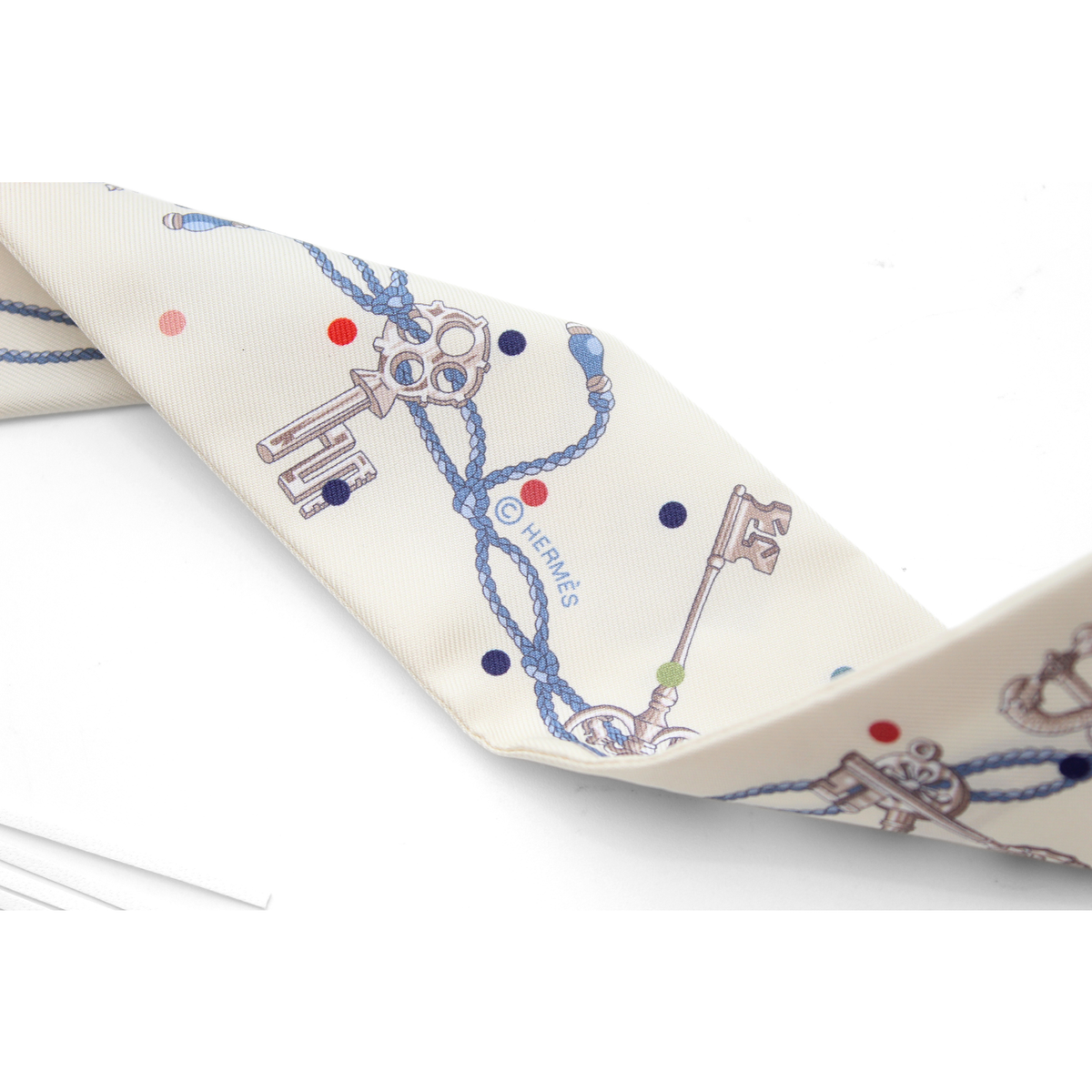Fringe Twilly Les Cles a Pois Silk Ivory + Blue Scarf