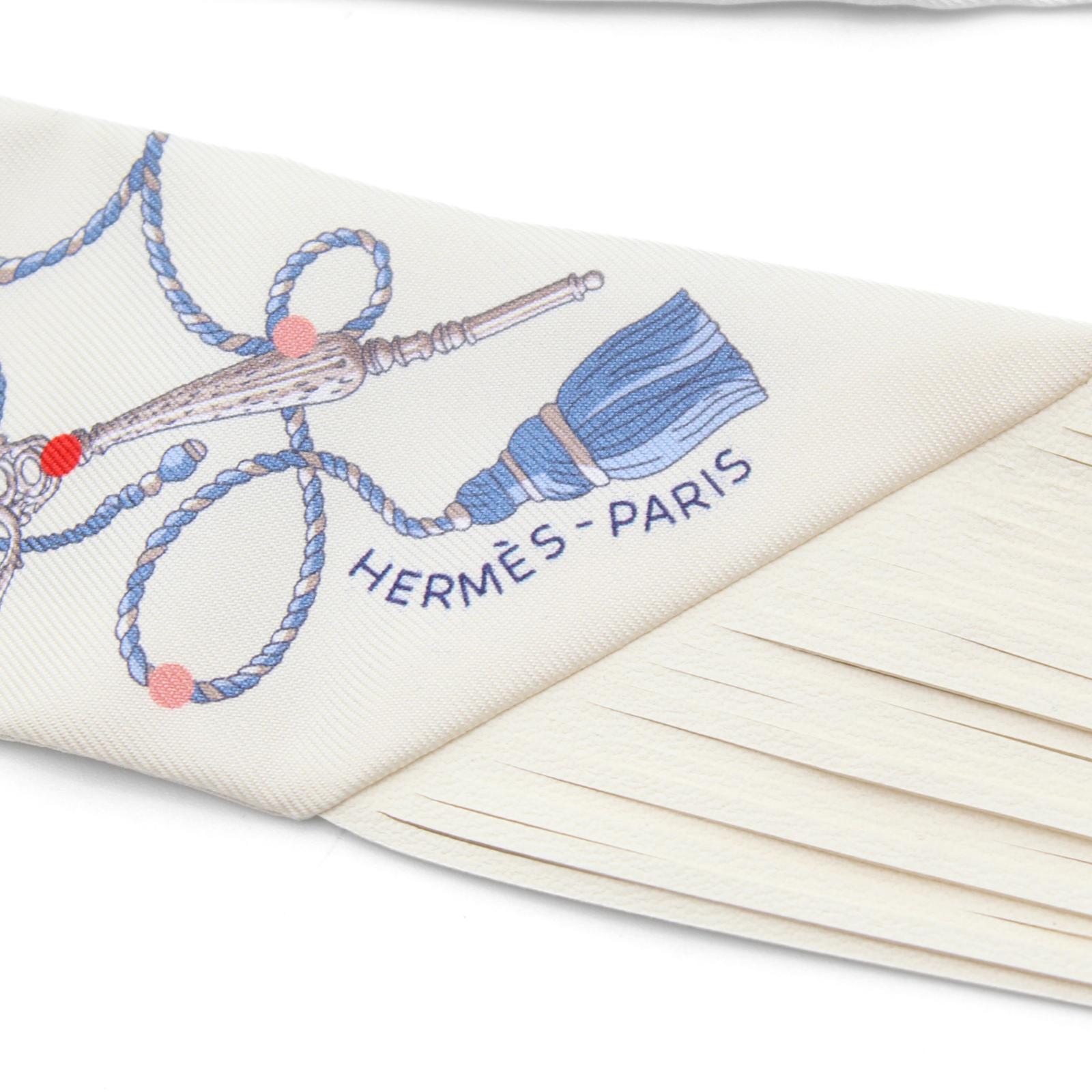 Fringe Twilly Les Cles a Pois Silk Ivory + Blue Scarf