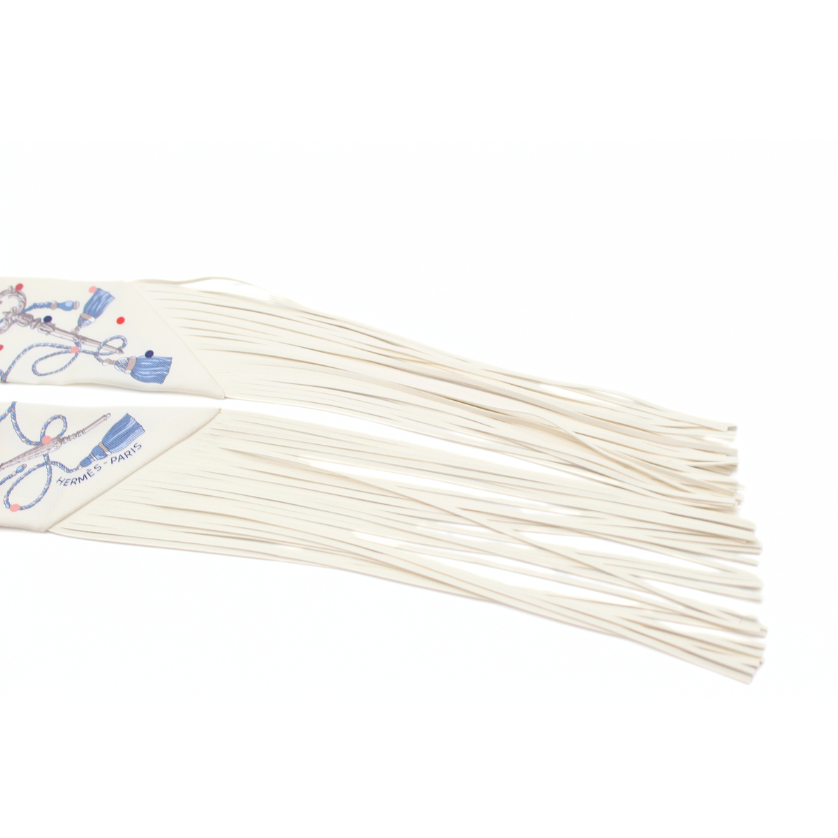 Fringe Twilly Les Cles a Pois Silk Ivory + Blue Scarf